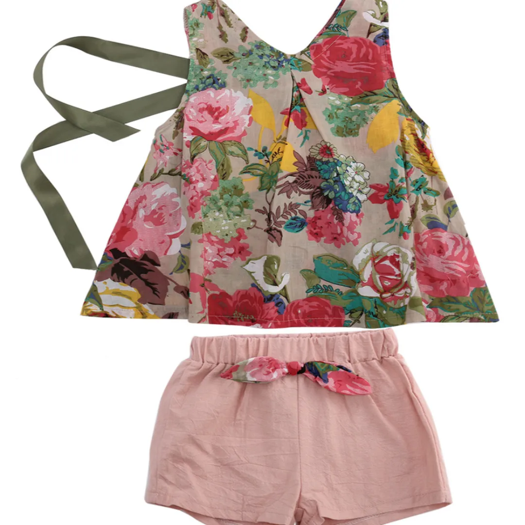 

2018 Summer For Kids Girl Floral Top Cotton Sleeveless T-shirt + Shorts 2pcs Outfits Set Size 3-7T