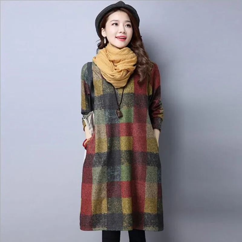 

cotton woolen plus size vintage clothes women casual loose midi autumn winter dress vestidos femininos 2019 dresses QV283