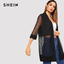 SHEIN Однотонная Накидка Летнее Пальто Кимоно С Прозрачными Вставками Длинное Кимоно С Длинным Рукавом