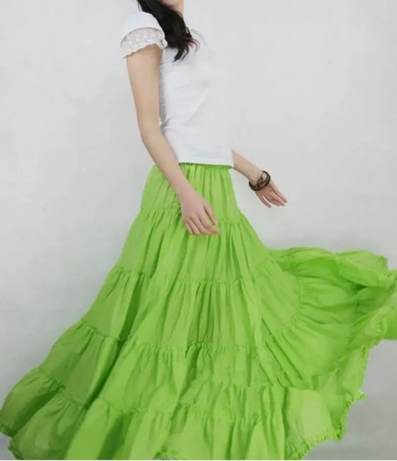 Летняя женская многослойная длинная юбка из льна и хлопка, плиссированная пляжная юбка макси, 8 цветов на выбор - Цвет: grass green