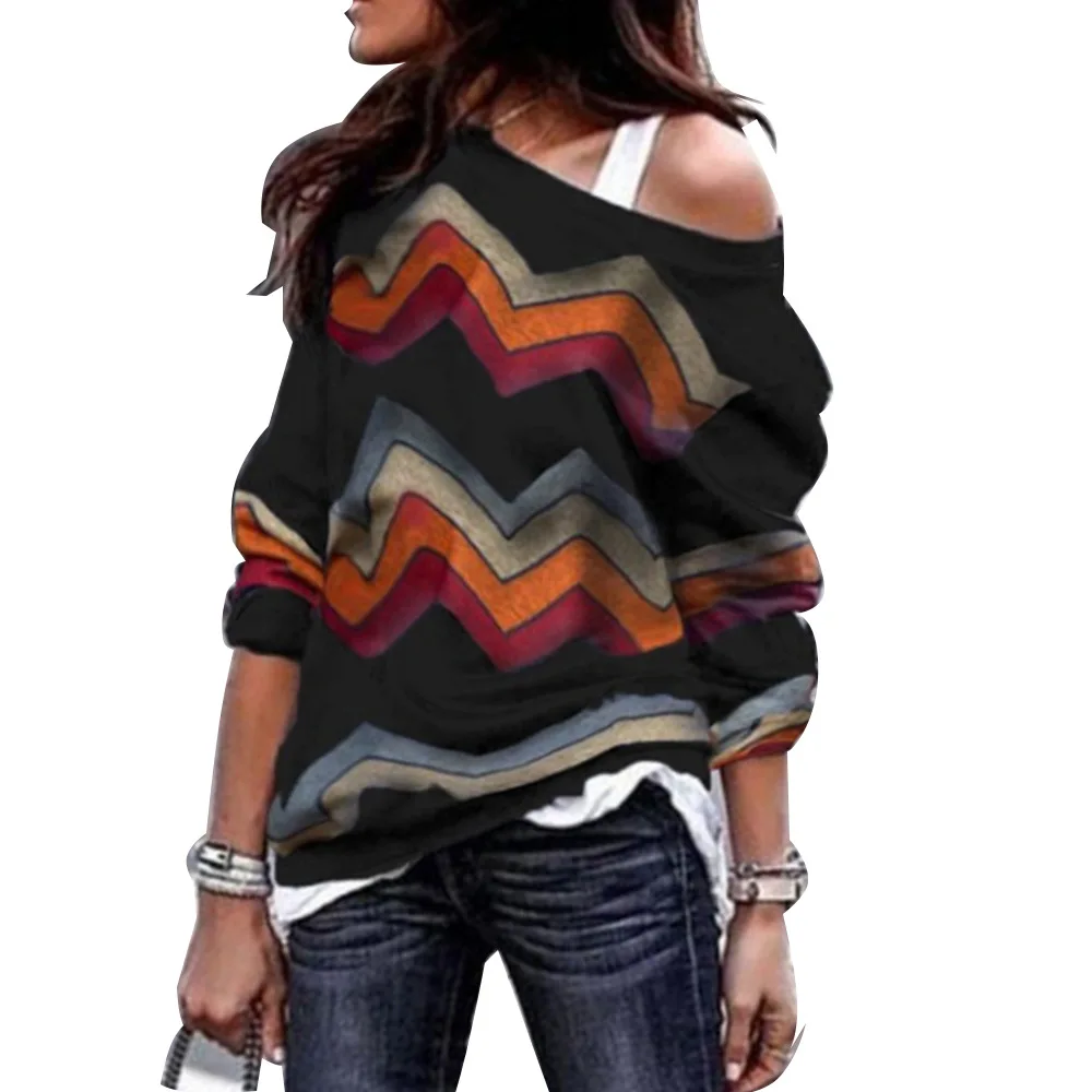 

Spring Autumn T-Shirts Women Sexy Off Shoulder Striped Tops Leisure Long Sleeve Geometric Printing Knitted T shirt Plus Size 3XL