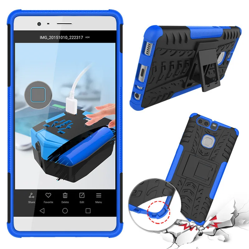 Противоударный чехол-подставка для телефона huawei Ascend P9, ударопрочный 2в1 защитный чехол для телефона, гибридный защитный мягкий силиконовый чехол - Цвет: Синий
