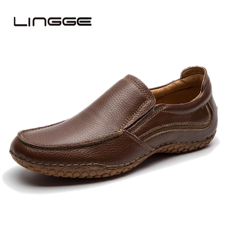 

LINGGE Men Casual Leather Shoes Leather Loafers Slip-on Men Flats Lightweight Fashion Comfortable Brown Shoes