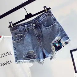 Для женщин летние шорты джинсы Рваные отворотом Высокая Талия Короткие 2018 Для женщин горячие упругие Sexy Тонкий женский карманов Harajuku
