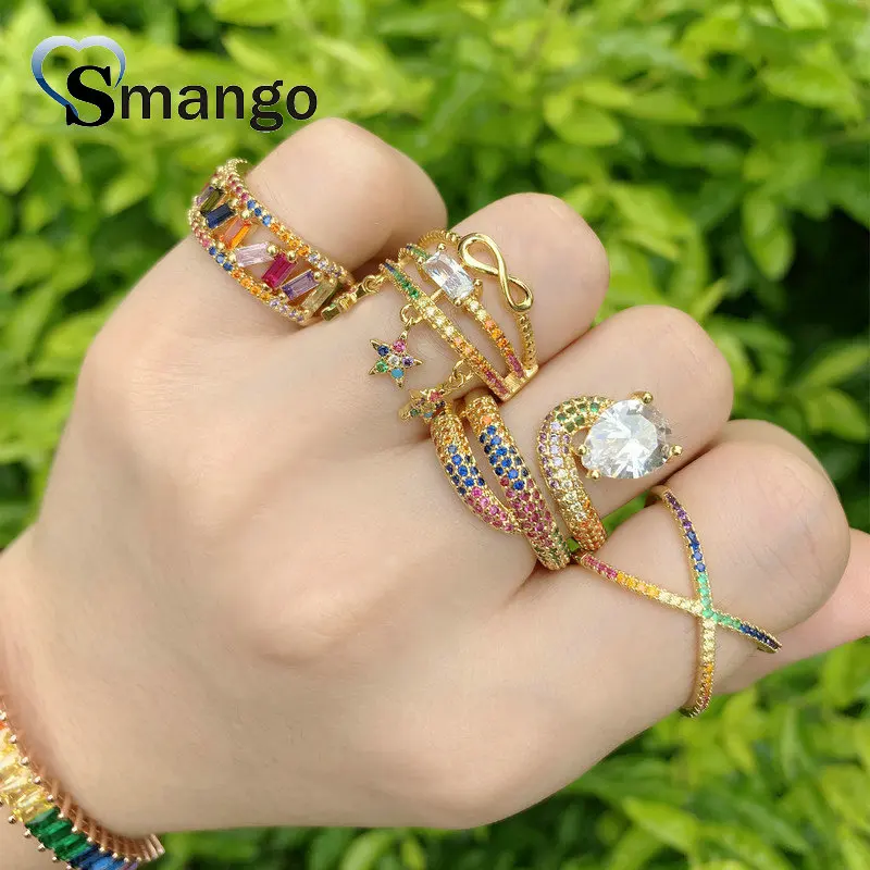 

Adjustable Rings, Women Fashion Jewelry, CZ Setting, Star and Bowknot Design , The Rainbow Series,Gold Color Plated,5pcs