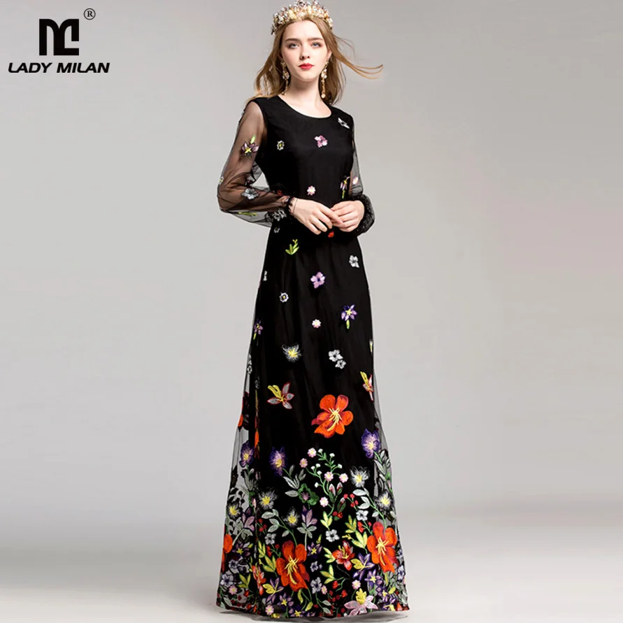 

New Arrival 2019 Women's O Neck Long Sleeves Luxury Floral Embroidery Elegant Maxi Prom Runway Dresses