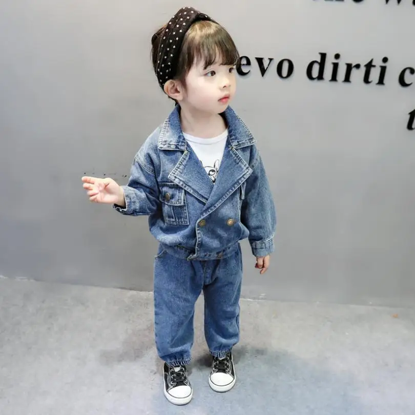 

Spring Autumn Children's Denim Tops Jacket+Pants Sets Double-breasted Coat Jean Suits Long Sleeve Casual Cowboy Outerwear Y268