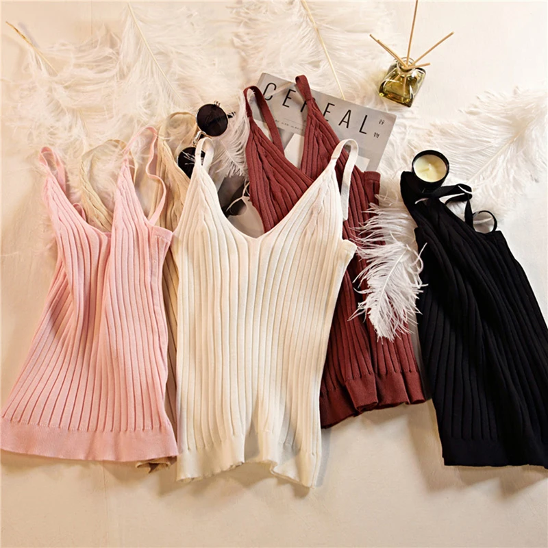 

Summer Tank Tops Women's Knitted Solid Color V Neck Crop Tops Cami Camisole Female Camisas Mujer
