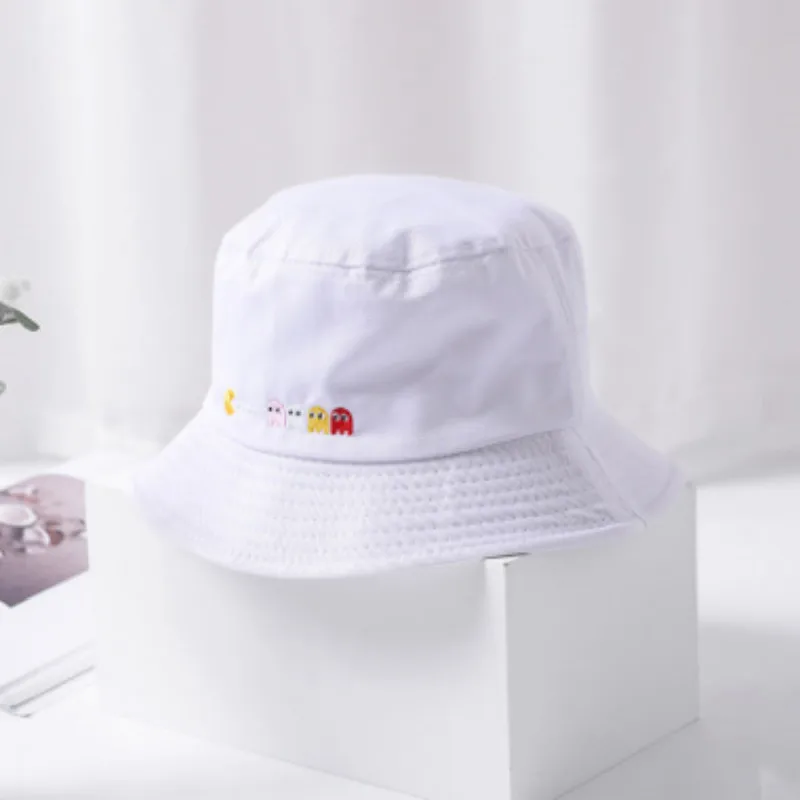 Embroidery Cartoon White Bucket Hat For Women Men Cotton Spring Summer Panama Cap Outdoor Fishermen Hat Male Fishing Cap