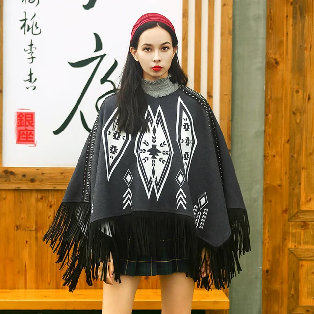 Price Jessica's Store Women Autumn Winter Novelty Personality O-Neck Tassel Rivet Geometric Print Thicken Short Woolen Cloak Coat