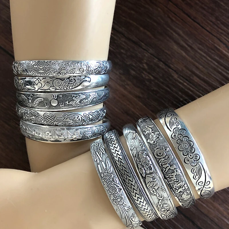 Винтажные серебряные браслеты Античные тибетские серебряные браслеты для женщин ювелирные изделия из тибетского серебра 9 стилей