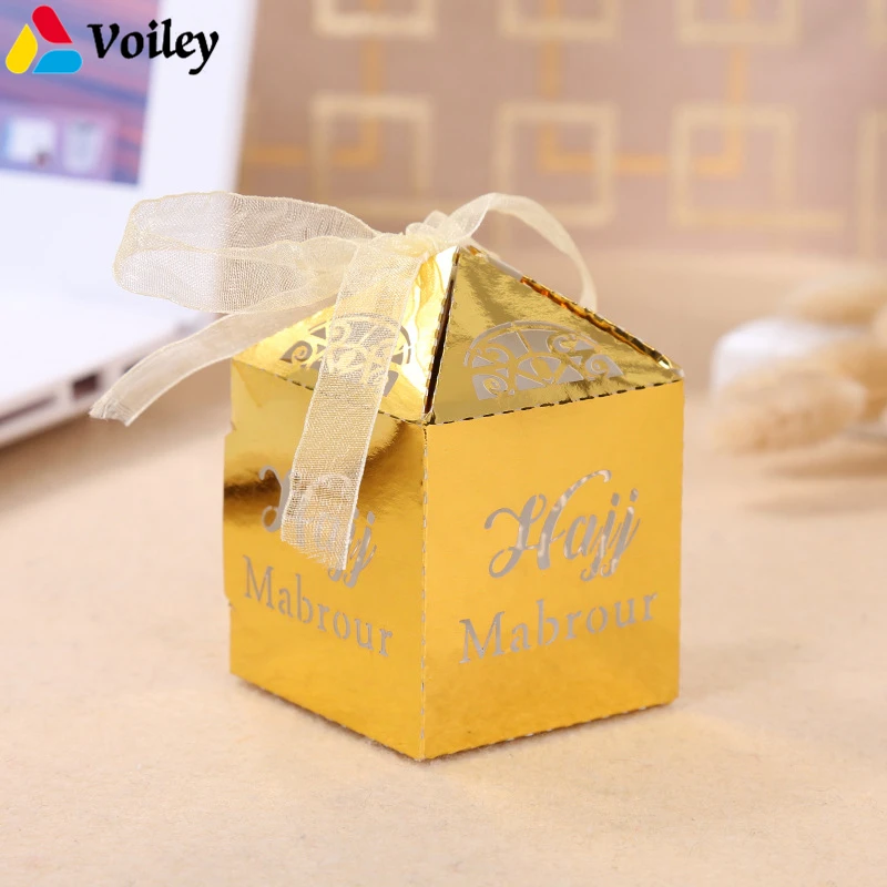 

VOILEY 5/10pcs Gold Silver Happy Eid Mubarak Box Ramadan Decoration Laser Cut Pearl Paper Ribbon Candy Boxes Party Kids Favors,Q