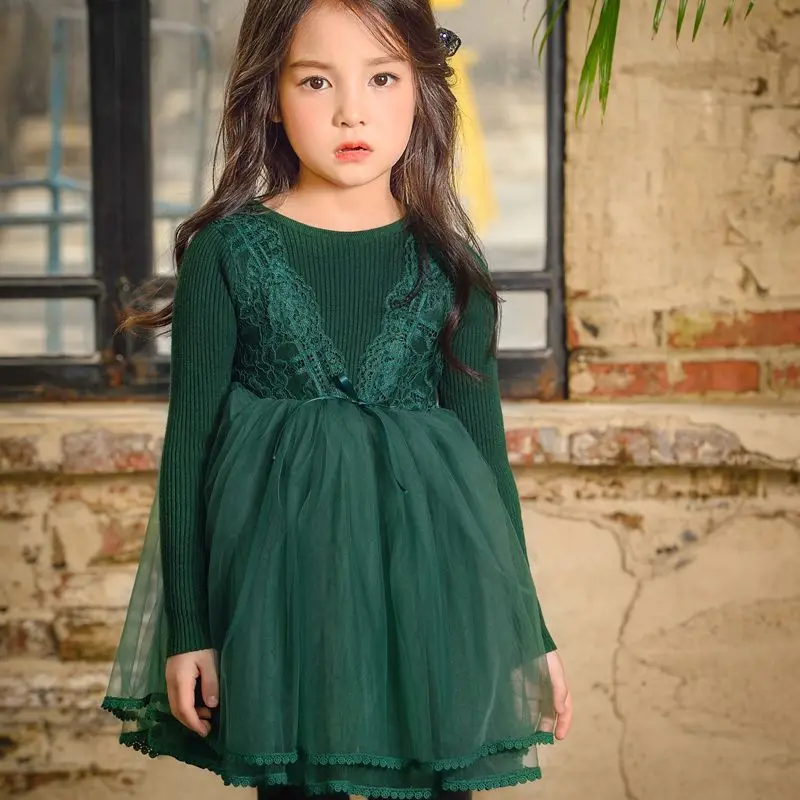 

Autumn Winter Girls Lace Dress Princess Girls Clothing Kids Party Birthday Dresses Girl Kids Knitted Long Sleeve Dresses CC586