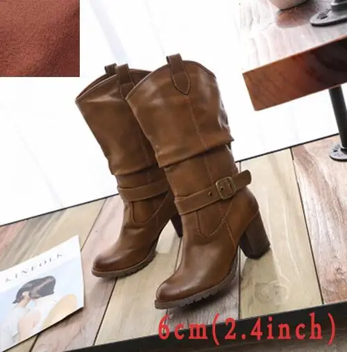 brown 6cm Г.; обувь на высоком каблуке с ремешком; винтажные ковбойские сапоги до середины икры с круглым носком без застежки; коричневые ковбойские женские ковбойские сапоги; Новая женская обувь - Цвет: brown 6cm