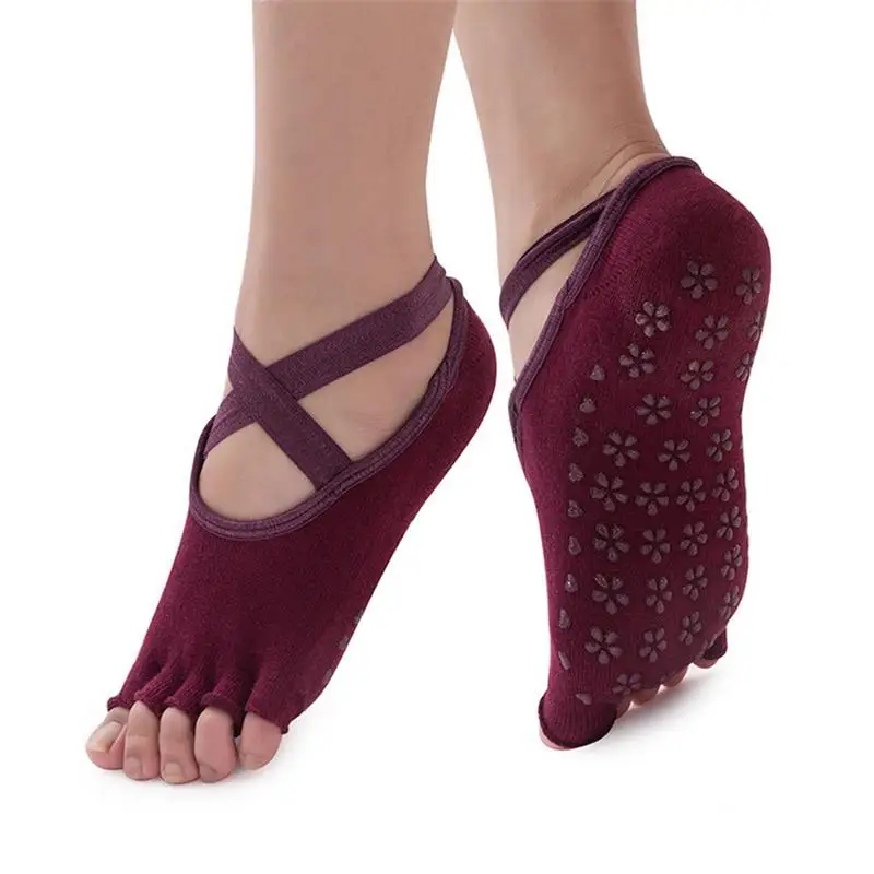 Открытая спина крест ремень Йога носки нескользящие спортивные носки Балетные Носки Пальцы носки - Цвет: Purple Red