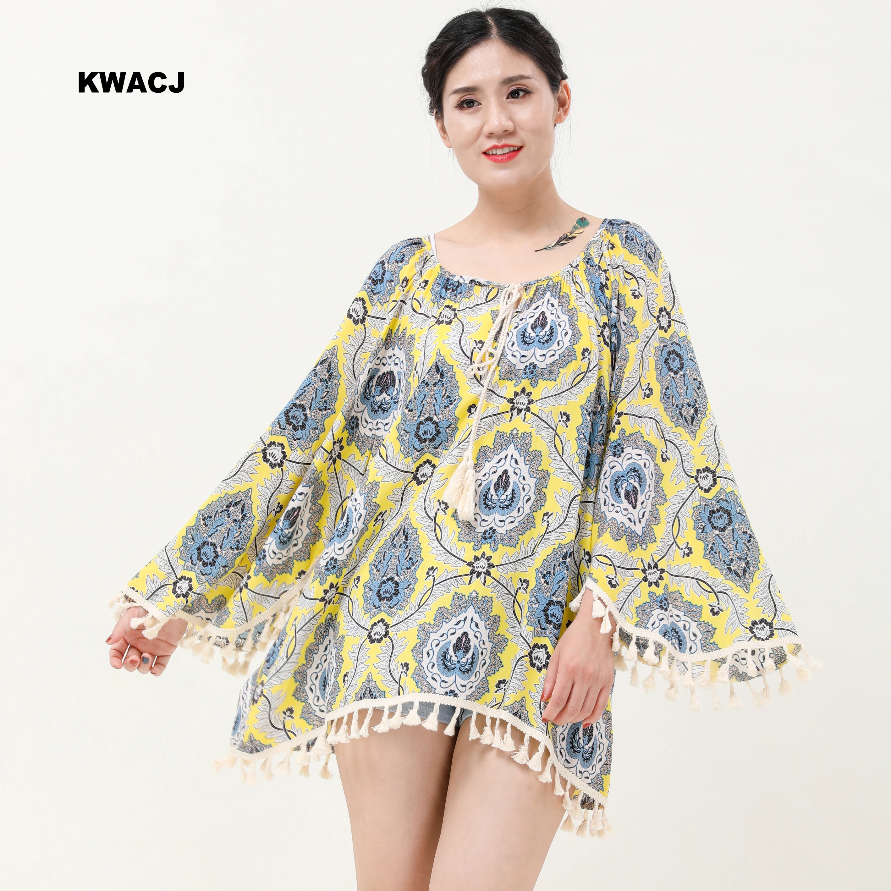 

KWACJ Plus Size Yellow Long Sleeve Multicolor Women Blouse Autumn and Summer Boho Loose tops Solid Tassel 5XL Casual Shirt