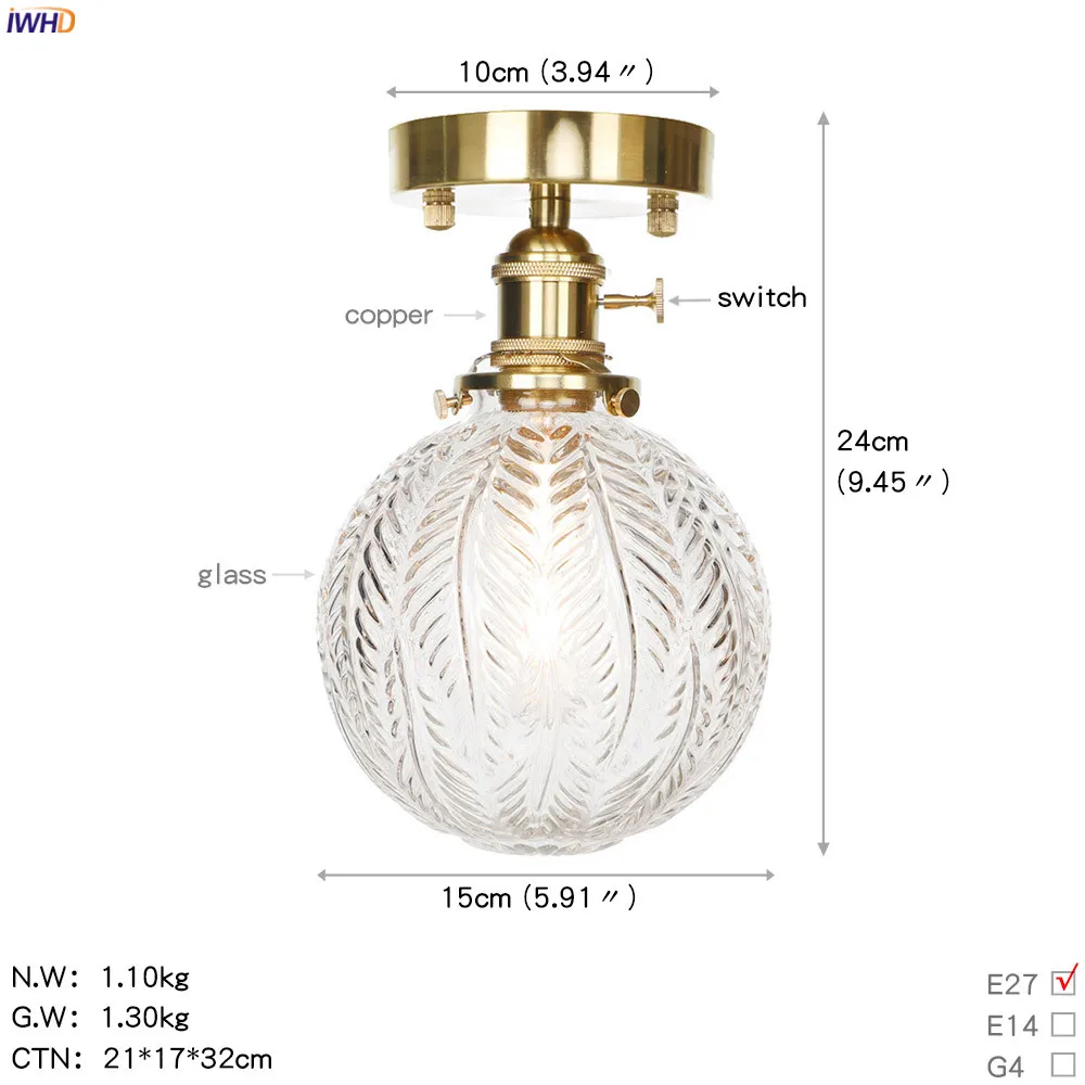 IWHD скандинавском стиле ретро винтажная Потолочная люстра гостиная стеклянный, для спальни медный потолочный светильник Plafonnier Lampara Techo - Цвет корпуса: Copper