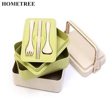 HOMETREE 1 Pcs Hand Mention Wheat Three layers Chopsticks Spoons Forks Set Box Lunch Boxes Food Container Lunchbox Cutlery H578