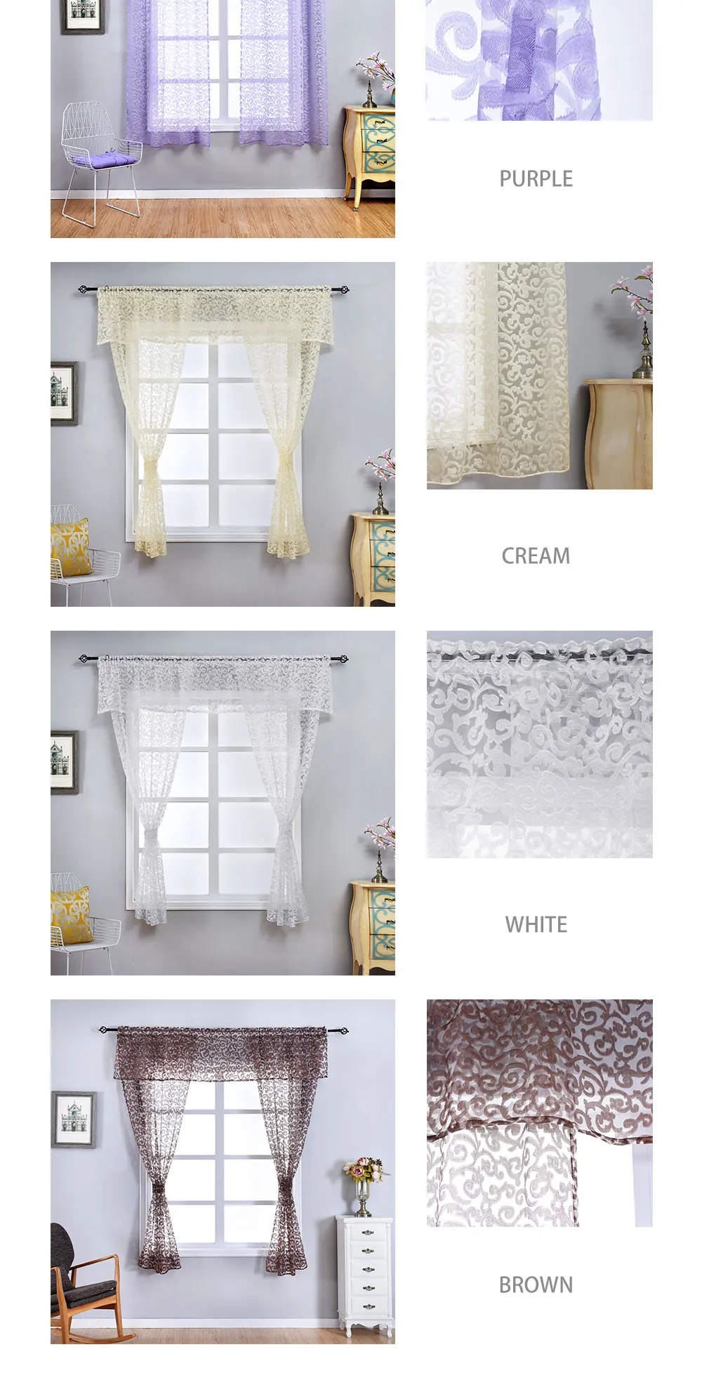 AOL-Smt293 NAPEARL Classic Floral Kitchen Rod Pocket Curtains Window Valance and Tiers Sheer Short Drapes Jacquard Tulle Bay Window Voile (2)