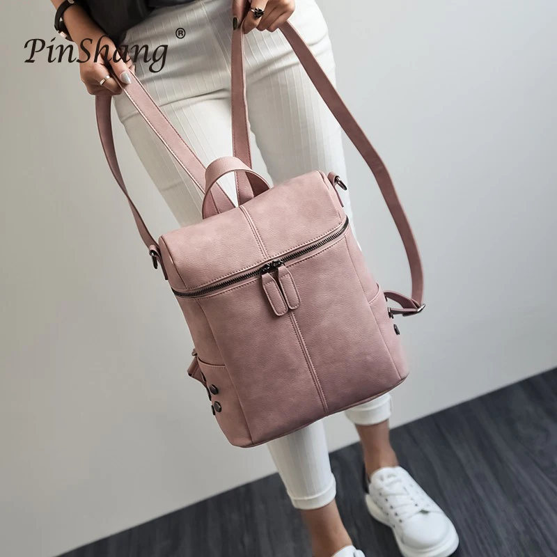 Women's PU Leather Backpack Rivets Bag Casual Simple Double Shoulder Student Backpack Fashionable Large Capacity Travel Bag ZK29