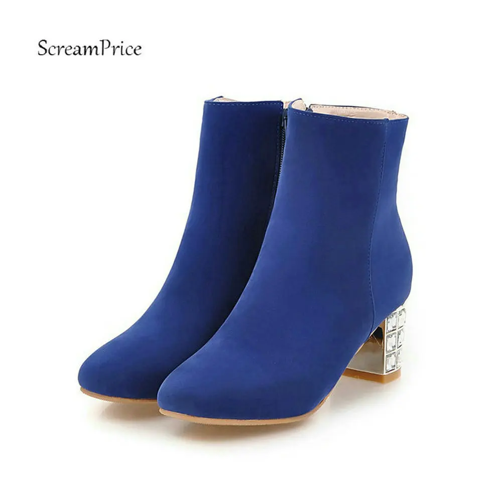 

Women Zipper Boots Thick High Heels Ankle Boots Round Toe Flock Autumn Winter Fashion Female Plus Size 43 2018 Black Red Beige