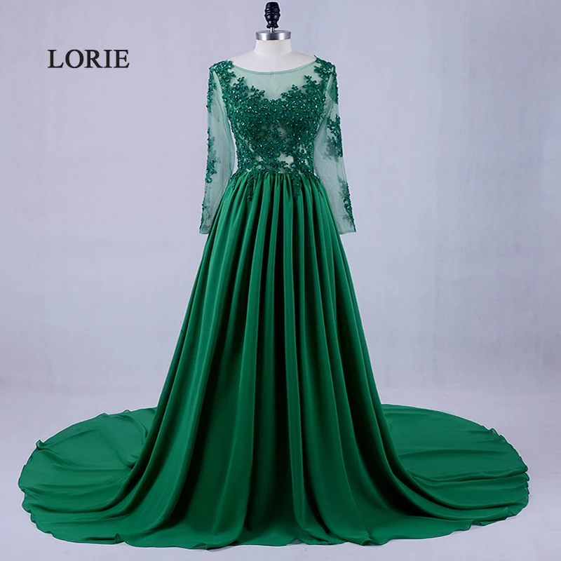 LORIE Long Sleeve Lace Emerald Green Evening Dress Scoop A-Line Chiffon Formal Plus Size Prom Dress Mother of the Bride Gown