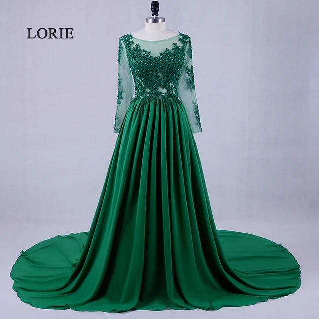 LORIE Manches Longues Dentelle Vert Émeraude Robe de Soirée Scoop A,ligne mousseline de soie