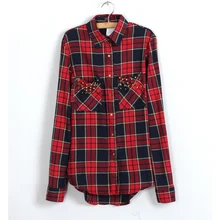 Womens Red Tartan Plaid Cottton Shirt 2016 Spring Collar Chest Rivet Double Pocket Big Check Long Loose Casual Blouse Female Top