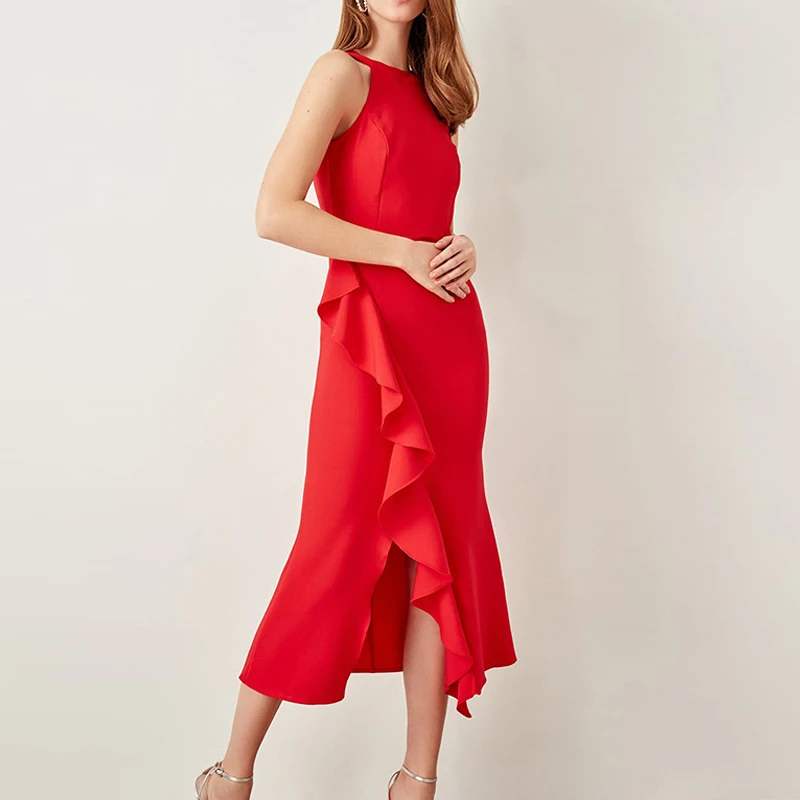

Office Lady Elegant Sexy Solid Color Halter Dress High Waist Sleeveless Red Maxi Club Night Party Summer Dress 2019