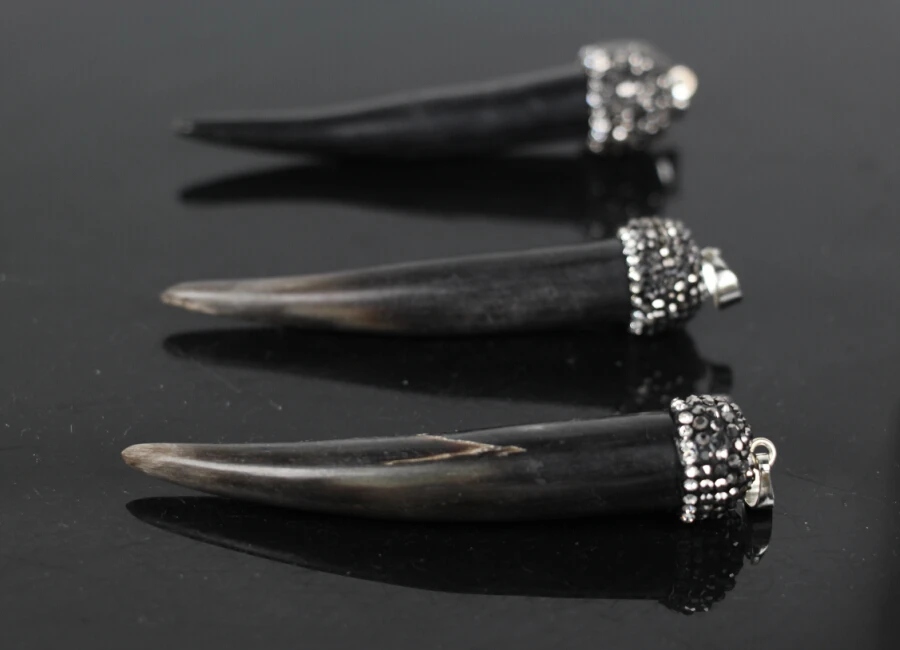 5Pcs Black Goat horn point Pendant,druzy Goat horn with Rhinestone cap
