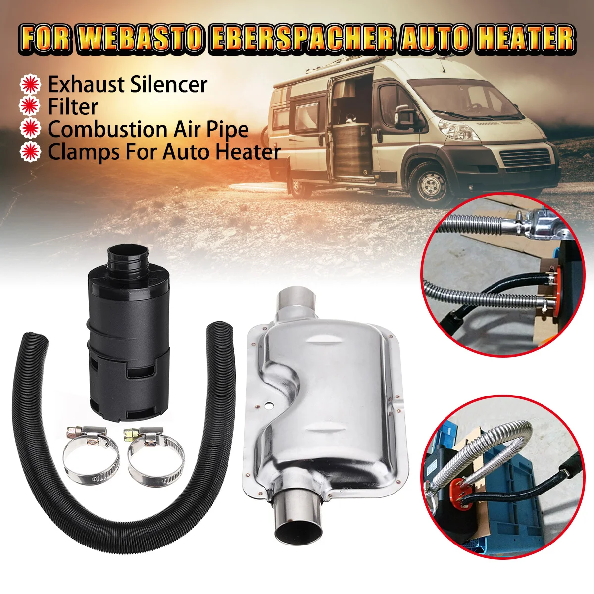 

3Pcs 24mm Exhaust Silencer+25mm Filter+Combustion Air Intake Filter Pipe Throat Hoop Clamps for Webasto Eberspacher Auto Heater
