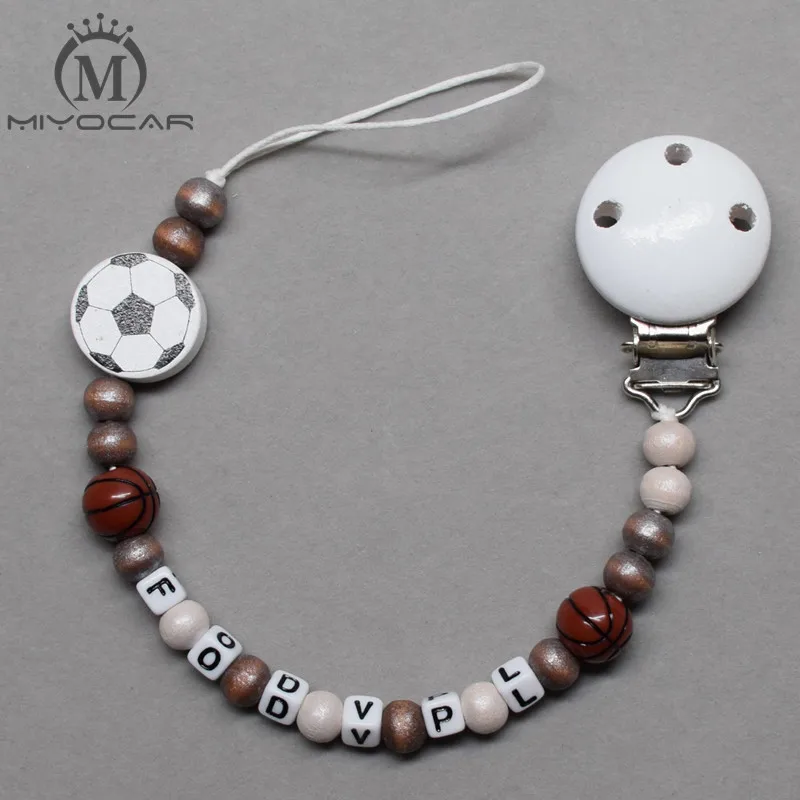 

MIYOCAR Personalised Any name football basket ball style wooden beads dummy clip holder pacifier clip soother chain teether clip