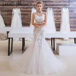 Русалка свадебное платье Кружева Vestido De Noiva Тюль Аппликации халат де mariée пол Длина свадебное платье без рукавов 2018 элегантный