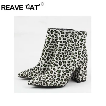 

REAVE CAT 2019 Women Leopard Block high heels Ankle boots Round toe Flock Zipper autumn short booties lady causal shoes size 39