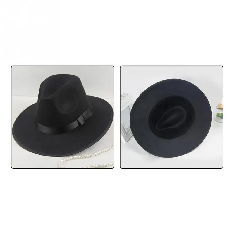Зима Осень Женская мода с широкими полями Топ джазовая шляпа Кепка Fedora шерстяная шляпа Chapeau черные шляпы для женщин