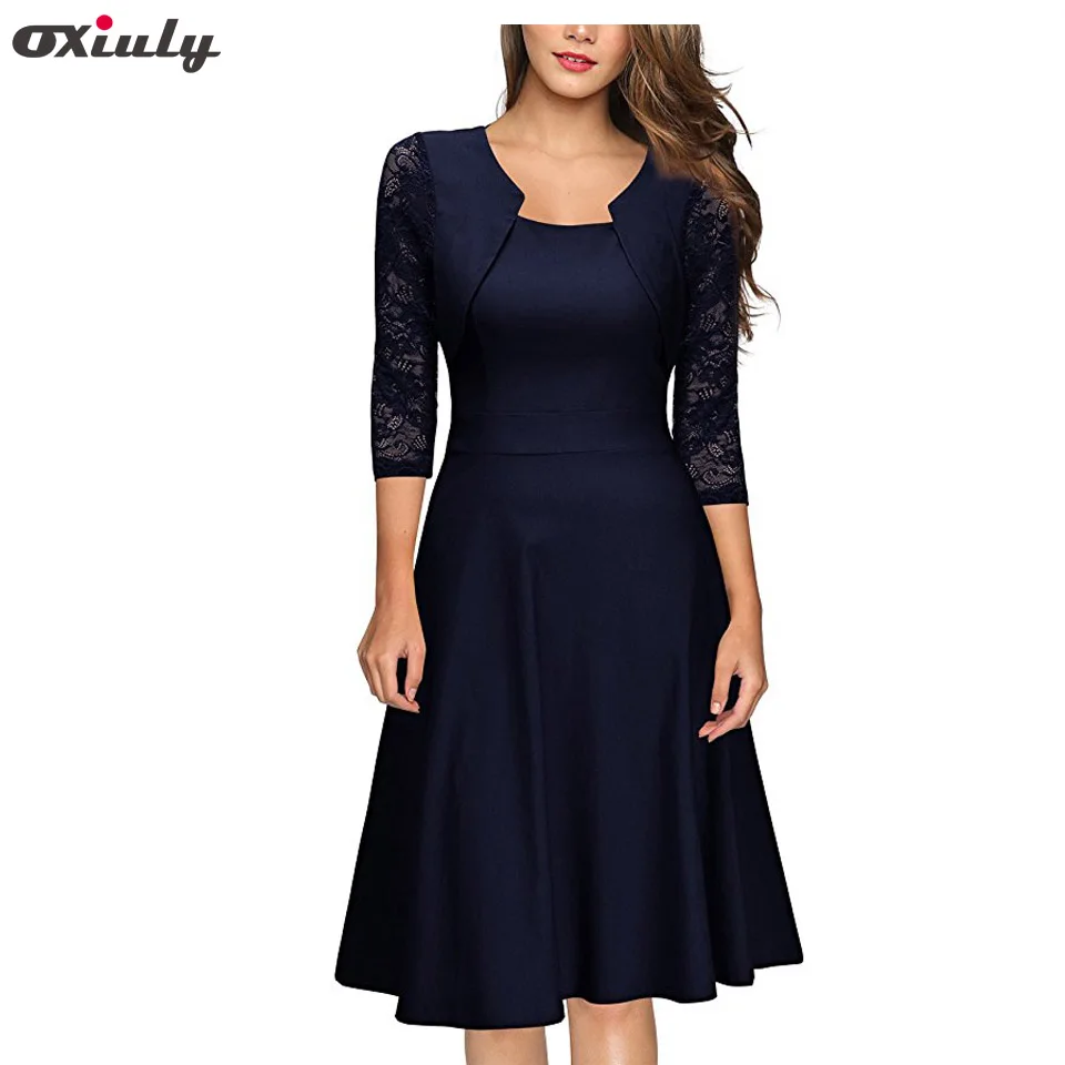 Oxiuly Women's Elegant Summer Lace Sleeve Tunic Pin Up Vintage Work Office Casual Party Pleated A Line Skater Dress with Pocket