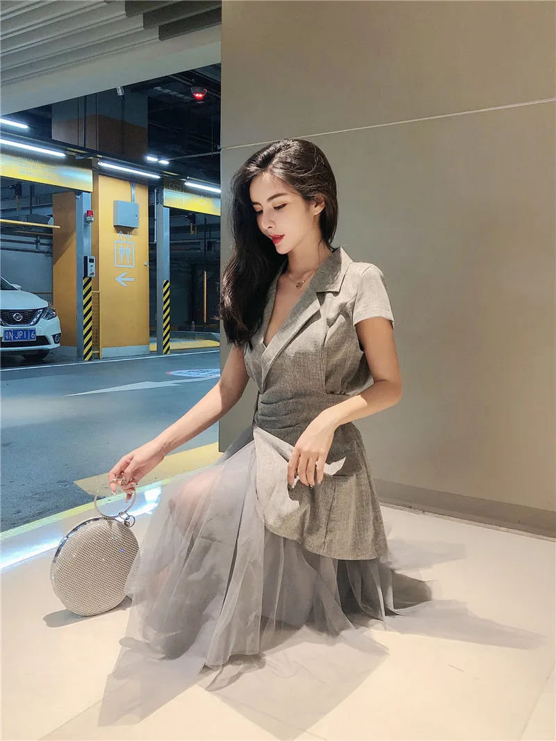 fashion women dresses gray sheer mesh patchwork notched collar Short sleeve a-line bohemian Midi dress