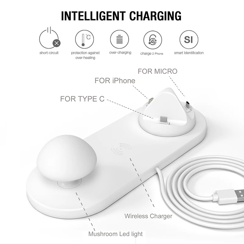 Новая мульти USB зарядная док-станция, Qi Беспроводное зарядное устройство с грибной светильник для ios/Micro/type-C и всех qi-телефонов