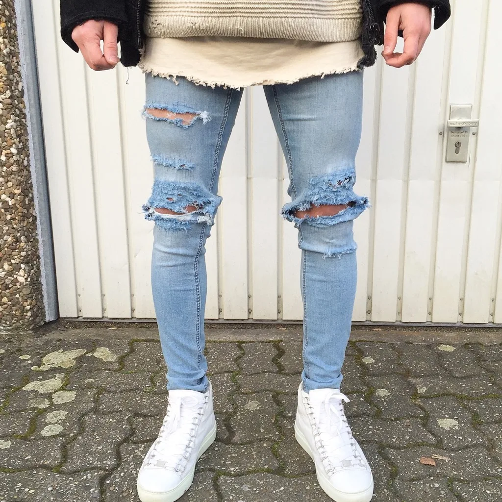 2018 New blue Ripped Jeans Men With Holes Denim Super Skinny Famous ...