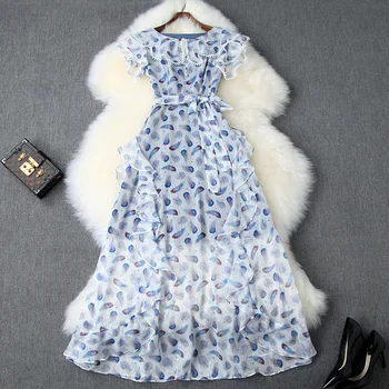 

Women girls cute ruffles front chiffon long dress short sleeve lace trim feather paaterns print summer beach dresses 2019 blue