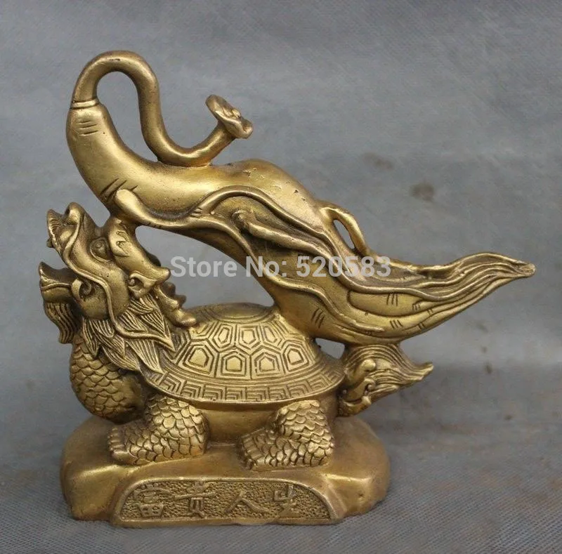

Folk Chinese Brass Longevity Ginseng Panax On FengShui Shou Dragon Turtle Statue