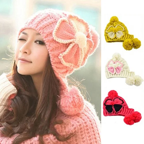 

Women Winter Fashion Flower Pattern Hat Beanie Ball Woolen Yarn Kintted Cap