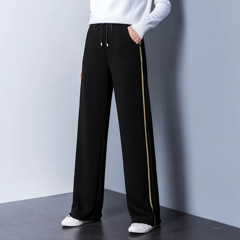 Elastic Waist Women's Casual Drawstring Black Trousers