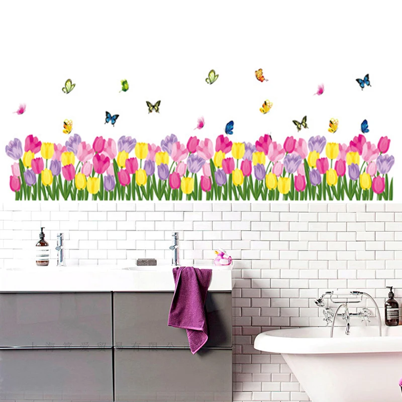 Very nice butterfly tulip Skirting wall decoration stickers for Living room kitchen Glass window Baseboard wall stickers