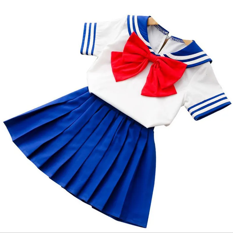 

DFXD Toddler Girls Summer Clothing Set 2018 Novelty Short Sleeve Blue White Stitching Big Red Bowknot T-shirt+Pleated Skirt 2-8Y