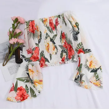 

Korean Summer Blouse Woman Spring Slash Neck Long Flare Sleeve blusas Floral Pattern Chiffon Womens Tops And Blouses Harajuku