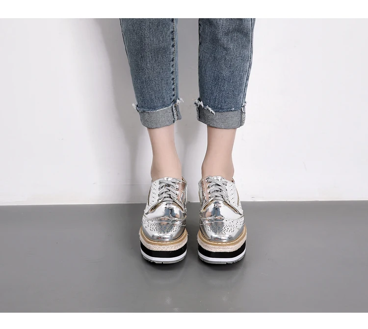 Women Platform Oxfords Brogue Flats Shoes Patent Leather Lace Up Square Toe Brand Female Footwear Shoes For Women Creepers Black (15)