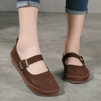 

2019 VALLU New Women Shoes Round Toe Metal Buckle Breathable Soft Leather Shoes Lad Literary National Handmade Flat Shoes