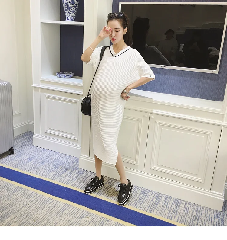2018 Summer Short sleeve Side Splits White Maternity Dress Elegant Maternity Clothes for Pregnant Women Black Pregnancy Clothing (19)
