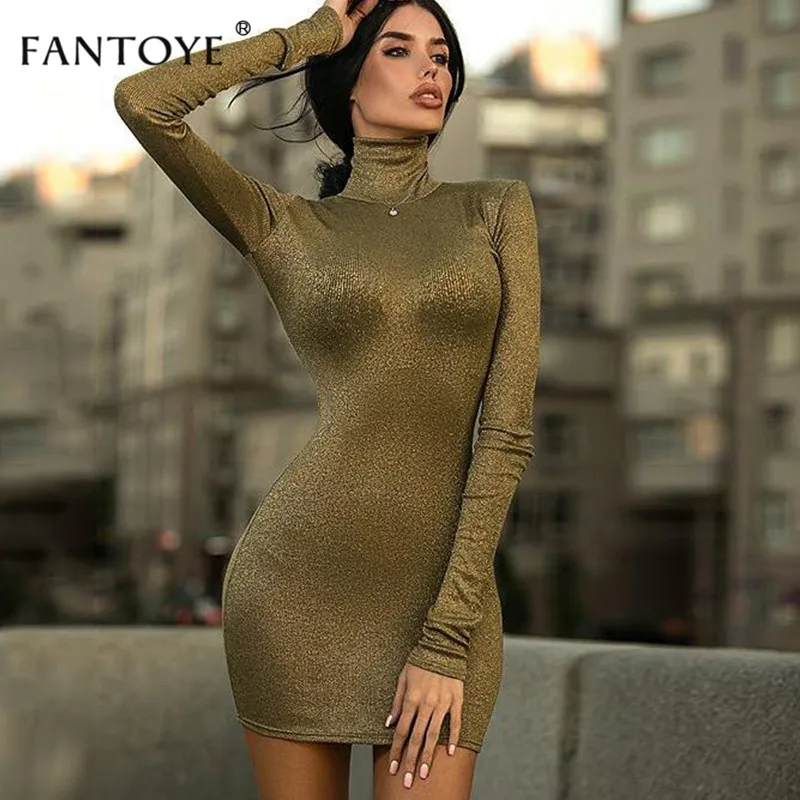 

Fantoye Vintage Golden Mini Bodycon Dress Women Sexy Turtleneck Long Sleeve Casual Streetwear Fashion Shiner Slim Party Dresses
